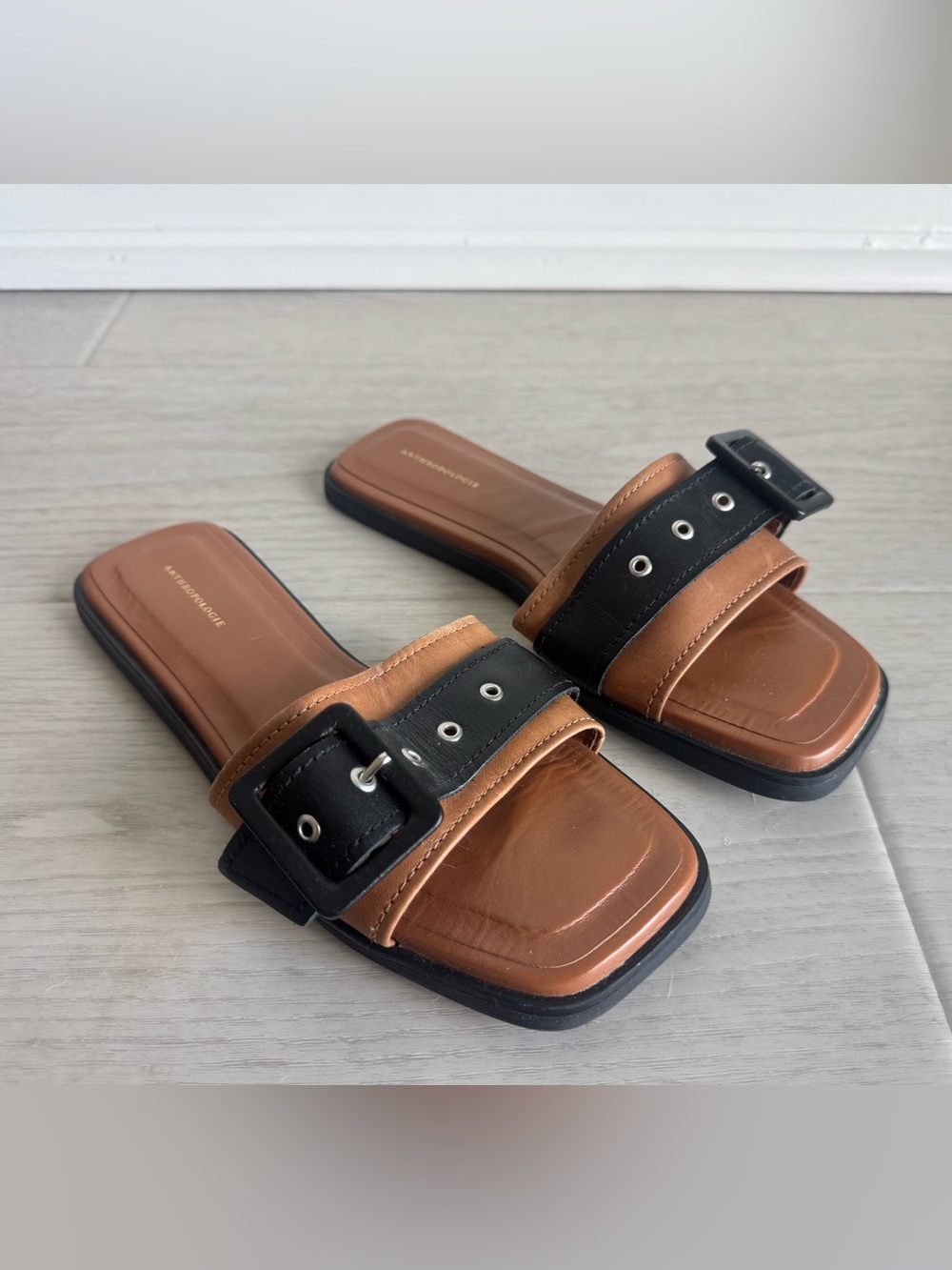 Anthropologie Buckle Slide Sandal - Black/Brown Leather - Size 6